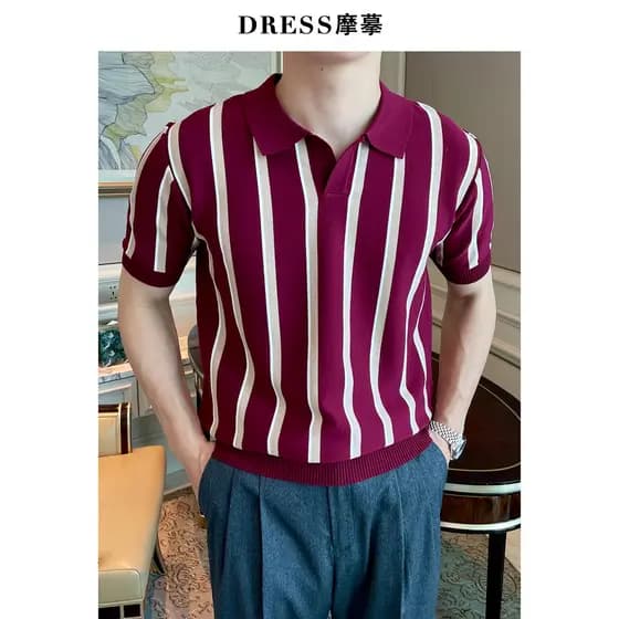 Cópia masculina verão fina camisa polo de manga curta masculina italiana Retro listrado lapela camisa polo de malha