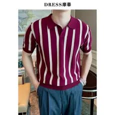 Cópia masculina verão fina camisa polo de manga curta masculina italiana Retro listrado lapela camisa polo de malha