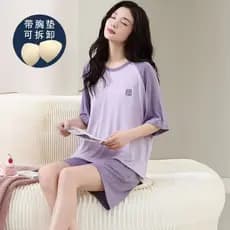 Novo estilo solto com almofada no peito pijamas feminino verão legal Shorts de manga curta Modal verão Loungewear terno