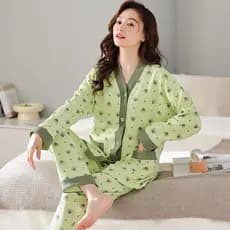 Venda quente estilo coreano primavera outono feminino com decote em v algodão pijamas Cardigan calças de manga comprida