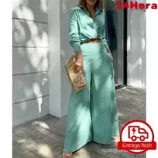 Conjunto casual feminino de cor sólida, composto por camisa de manga comprida e calças de cintura alta e perna larga. OD