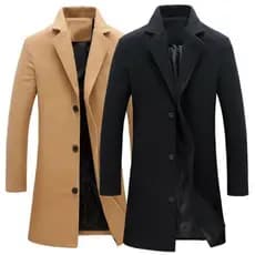 Casaco Longo Masculino Elegante de Lã com Lapela em Cor Sólida para Primavera e Outono MQ9H