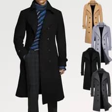 Casaco Longo Masculino com Lapela Entalhada, Duplo Abotoamento, Sobretudo Casual de Inverno, de Lã para Homens 56QP