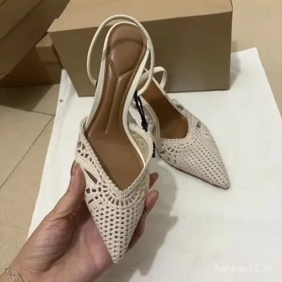 Elegantes Sandálias Femininas de Salto Alto com Tira Traseira de Crochê, Bico Fino, Design Vazado, Tecido Trançado XOUI