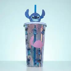 Copo Lillo Stitch Disney Holográfico Plasútil Canudo Pin Refri Tampa Vedação Premium