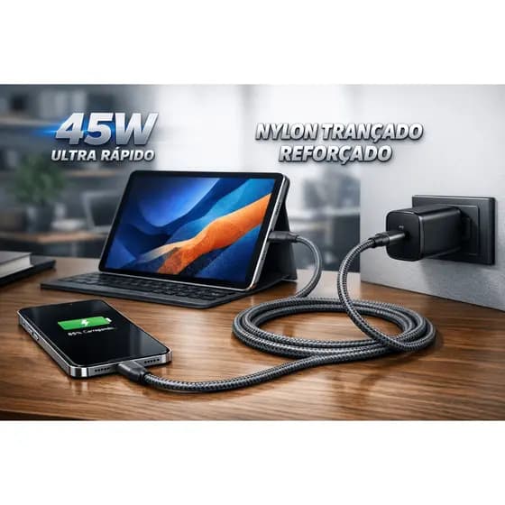 Cabo Tipo C Para Tipo C Ultra Rápido 45W Nylon Trançado Reforçado