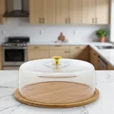 Boleira Porta Bolo Torta Base Bambu Tampa Acrílico Pegador Dourado