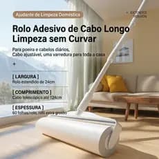 Rolo Adesivo Tira Pelos Lavável Cabo Telescópico 124cm Extensível Grande Limpeza de Chão Tapete Sofa + 2 Refis
