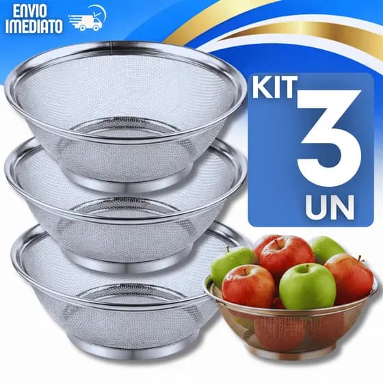 Jogo Cesta Inox Escorredor Multiuso 22/25 e 28 cm Cozinha Macarrão Legumes Arroz Fruteira Utensílios