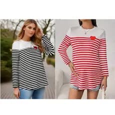 Camiseta de manga comprida para maternidade, top de gola redonda, roupa feminina com listras em formato de coração-&&*