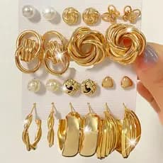 Conjunto de 6 brincos para mulheres, brincos geométricos exagerados com pérolas e diamantes.