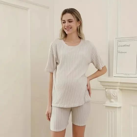 Conjunto de shorts de manga curta de primavera, solto, casual, em malha canelada, roupa de descanso, roupa de maternidad
