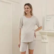 Conjunto de shorts de manga curta de primavera, solto, casual, em malha canelada, roupa de descanso, roupa de maternidad