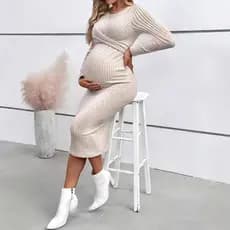 Vestido de maternidade com mangas compridas, design elegante torcido, vestido de maternidade de corte justo.