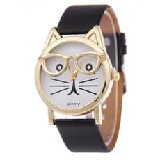 Relógio de pulso feminino de quartzo com design de gato de desenho animado com óculos, estilo estudantil, com rosto de g