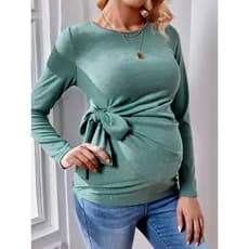 Blusa de manga comprida de cor sólida com decote redondo para gestantes com cinto.