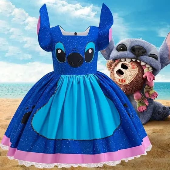 Vestido Fantasia Stitch Infantil Luxo – 3 e 4 Anos | Rodado com Renda e Acabamento Premium
