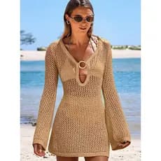 Novo vestido de praia com recorte circular sensual, saída de praia em malha, roupa de proteção solar para mulheres.