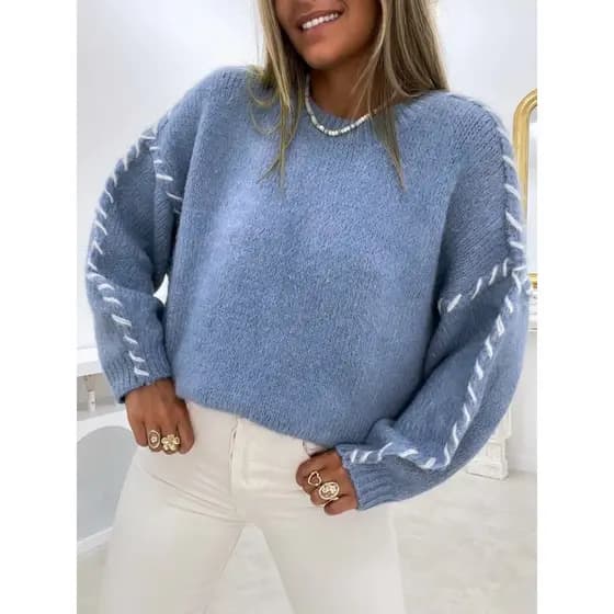 Novo Suéter Feminino de Tricô Solto para Outono/Inverno com Costura em Cores Contrastantes e Decote Redondo