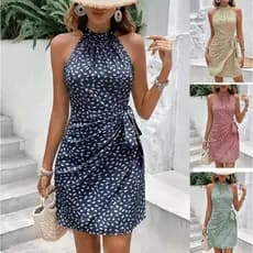 Vestido Curto Floral Sem Mangas com Decote Halter e Zíper para Mulheres na Moda de Verão