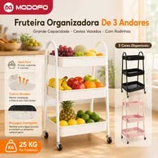MODOFO Fruteira Organizadora De Chão 3 Andares Com Rodinhas, Porta Frutas E Legumes Para Cozinha Em Aço Carbono