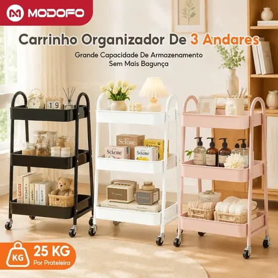 【Carga Pesada】 MODOFO Carrinho Organizador Preto Rosa Branco Rodinha Prateleiras Manicure Auxiliar Carbono
