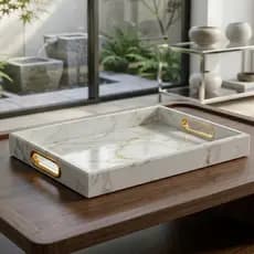 Bandeja Decorativa Marmorizada com Alça Dourada para Perfumes Maquiagem Lavabo Luxo