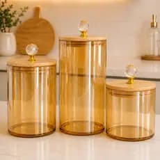 Kit Potes de Vidro Hermético Âmbar com Tampa de Bambu Cristal Vedação Silicone Porta Mantimentos