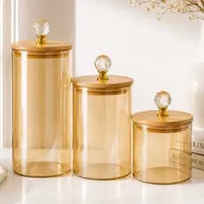 Kit 3 Potes de Vidro Âmbar Luxo Tampa de Bambu com Cristal Vedação Hermética Cozinha Moderna