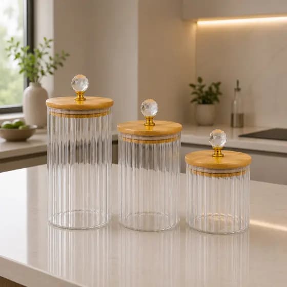 Kit Potes De Vidro Canelado Hermético Mantimentos Com Tampa Bambu Luxo Cristal