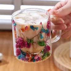 Caneca De Vidro Duplo Com Flores Secas  Xícara Colorida Café Copo