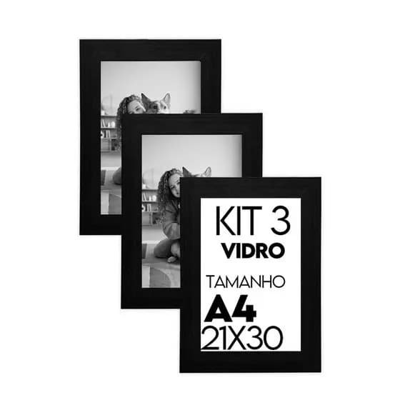 Kit 3 Porta Retratos 21x30cm A4 Com Vidro Moldura Madeira Para Fotos Parede Sala Quarto