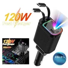 Carregador de carro 120W de para carro 4 em 1 Veicular Rápido com LED Starry Sky (Extensível) Tipo C USB +cabo