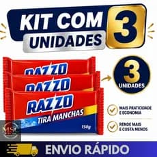 Sabão Barra Razzo Tira Manchas Kit 3 Unidades 150g Roupas Coloridas e Delicadas - Sabão Promoção Kit