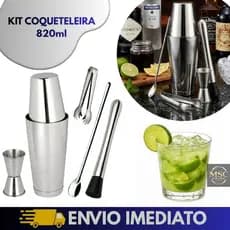 Kit Coqueteleira Inox 820ml Boston Caipirinha Barman 5 Peças Profissional Socador Colher Dosador Pegador