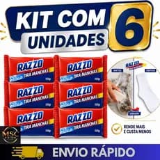 Kit  6 Sabão Razzo 150g  Tira Manchas Difíceis Glicerindo Barra Roupas Brancas Coloridas e Delicadas