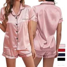 Conjuntos de pijama de seda, pijamas de cetim, manga curta, duas peças, roupa de dormir, com botões, tamanho grande, M-2
