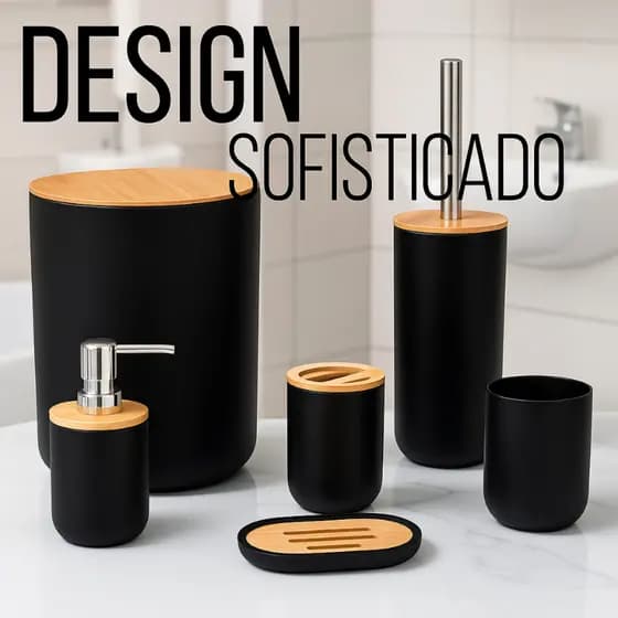 Kit 6 Peças Banheiro Conjunto Completo Lixeira Tampa Basculante Bambu Lavabo Escova Sanitária