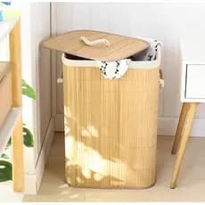 Cesto De Roupa Suja Bambu Dobravel Organizador 72L Forrado Banheiro 60cm Grande Cesto Retangular