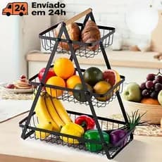 Fruteira De Mesa Ou Cesto Organizador Multiuso Metal Portátil Frutas Legumes Luxo Premium 3 Andares