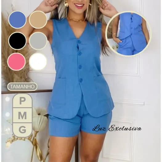 Conjunto Alfaiataria Feminino Marrante Elegante Casual Colete e Short com Bolso Look Social Chic M G GG Modas 2026