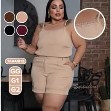 Conjunto Plus Size Alfaiataria Feminino com Renda Elegante Premium Short e Regata GG, G1 e G2 Moda Social Casual