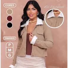 Jaqueta Feminina Casaco Premium Elegante Inverno Curto Pelinho Gola e Punho Corduroy Tendência 2026