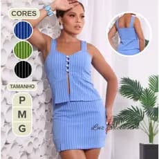 Conjunto Feminino Moda Elegante Premium Alfaiataria Listrado Cropped com Bojo Botões Frontais + Short Saia P M G