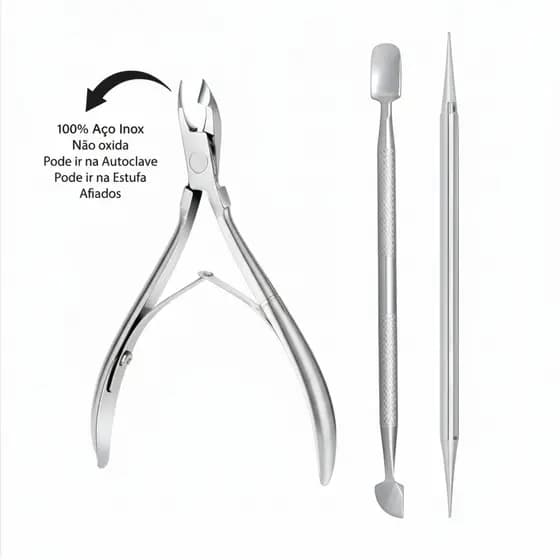 Kit Cutelaria Alicate Aço Inox Manicure Cutícula + Palito Ponta Dupla Aço Inox + Espátula Dupla