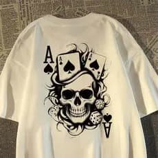 Camiseta masculina feminina 100% algodão estilo vintage, estampa de caveira com baralho Ás e dados