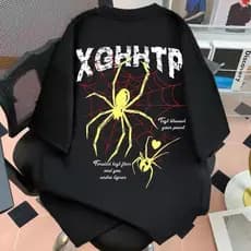 Camiseta preta aranha amarela nas costas unissex 100% algodão Y2k streetwear solta