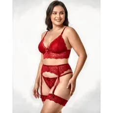 Conjunto Trio Renda Perneira Sensual com Tanga Fio Dental Sem Bojo em Poliamida Conforto J&F Co.