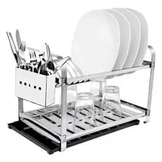 Escorredor MONTADO Inox 16 Pratos Secador Louca Porta Talheres Inox Mais Bandeja Coletora