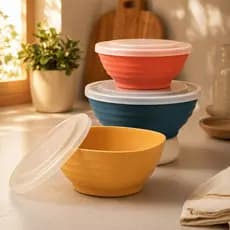 KIT 3 Bowls Quadrados com Tampa/ Tijela / Cumbuca de Fibra de Bambu Ecológico + PP Lines Sortido Lyor